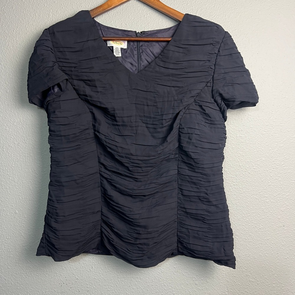 Talbots Black Ruched Dark Romantic Short Sleeve Top Blouse V Neck Size 14 Career